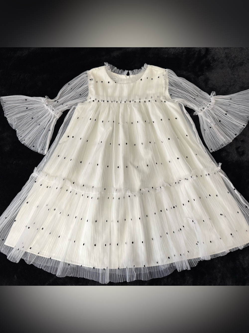 NORDSTROM Pleated Ivory Tulle Black Polka Dot Dress Size 6 Formal Fancy Party